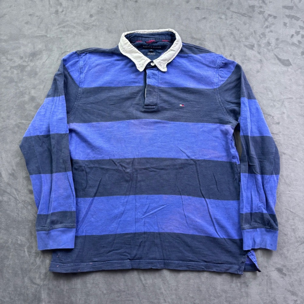Tommy Hilfiger Mens Custom Fit Striped Rugby Shirt Blue Navy Long Sleeve Large